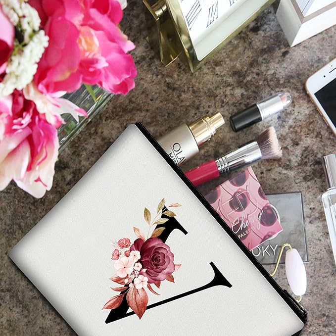 Vavabox A-Z Personalized Makeup Bag, Birthday Gifts for Women Mom, Gifts for Best Friend, Bride Bridesmaid Cosmetic bag (V, 01-White)