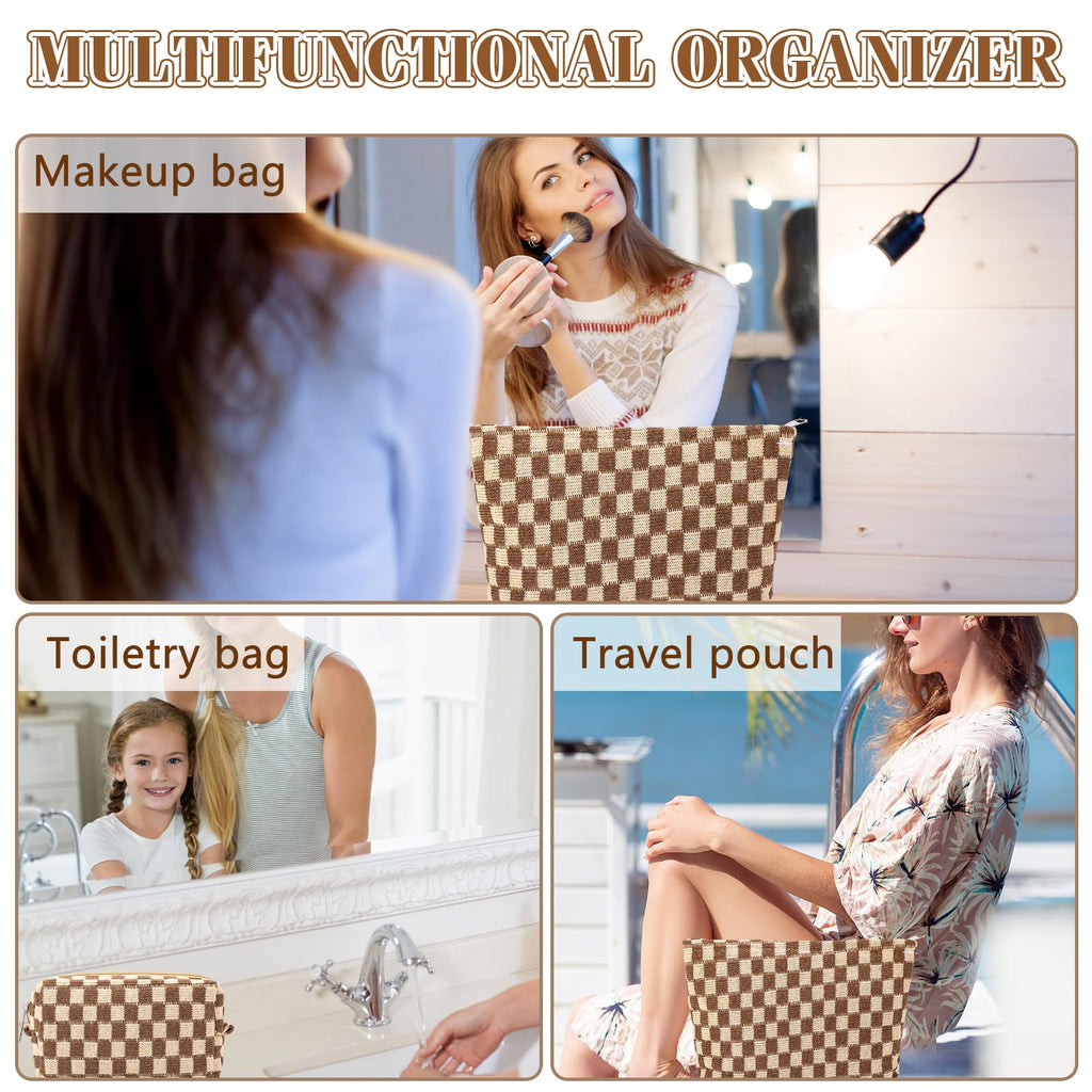 ZLFSRQ 2Pcs Checkered Makeup Bag for Women Large Small Checkered Cosmetic Bag Set Aesthetic Preppy Pencil Case Cute Pencil Pouch Brown Makeup Pouch for Purse Travel Toiletry Bags Zipper Skincare Bags