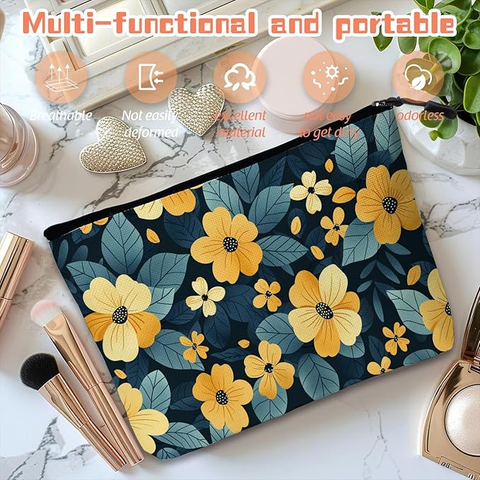 Scribesense Cosmetic Bags Travel Makeup Toilet Case Waterproof Pouch for Women Girls 6.7X9.45inches - Pattern of Yellow Flowers on A Dark - Teal Background