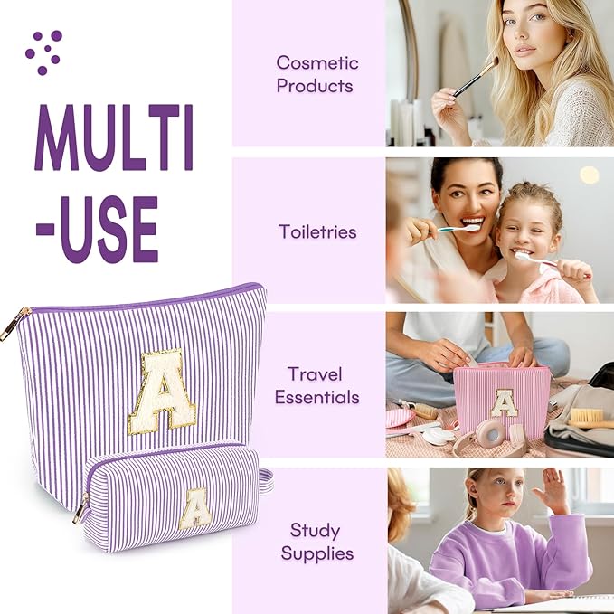2 PCS Initial Makeup Bags for Women: Cosmetic Bag for Travel Toiletry - Birthday Gifts for 11 12 13 14 15 16 17 18 Years Old Girl Graduation Teacher Gift- Teen Girl Gifts Trendy Stuff - Purple C