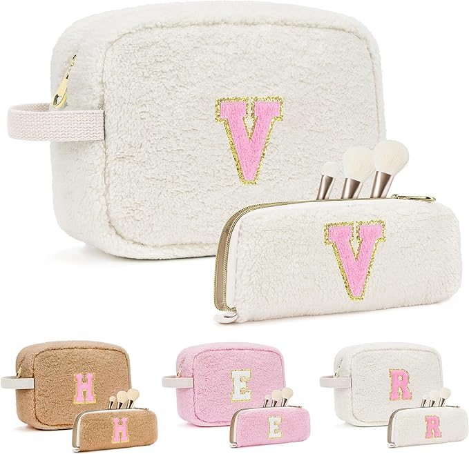 ibeacos for Valentines Day Gifts, Travel Makeup Bag for Women, Initial Make Up Bag Set for 6 7 8 9 10 11 12 13 Years Old Kids Tween Girls, Large Cosmetic Skincare Bags for Birthday Gifts, White V