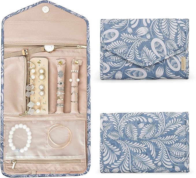 BAGSMART Travel Jewelry Organizer Roll Foldable Jewelry Case, White Leaf
