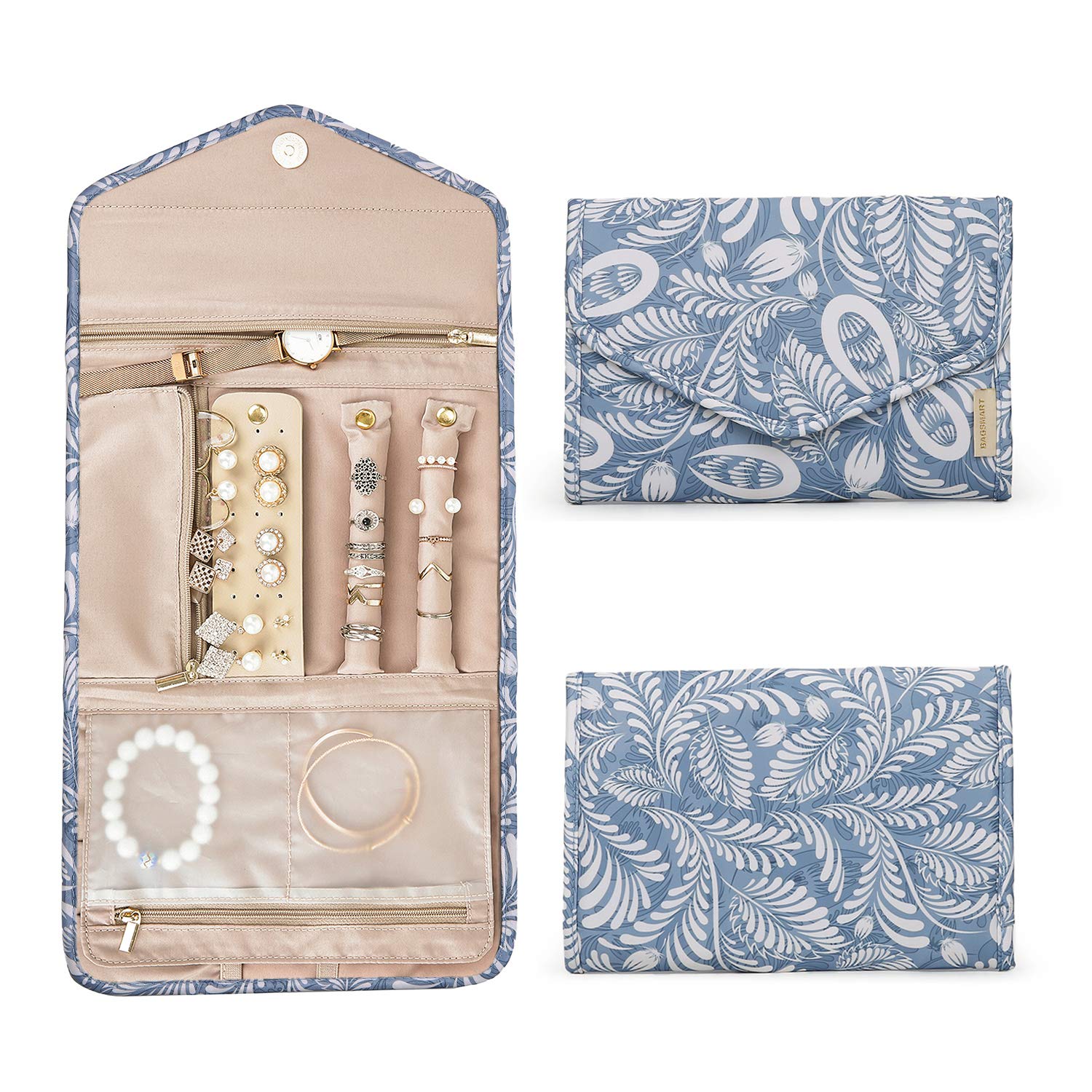 BAGSMART Travel Jewelry Organizer Roll Foldable Jewelry Case, White Leaf