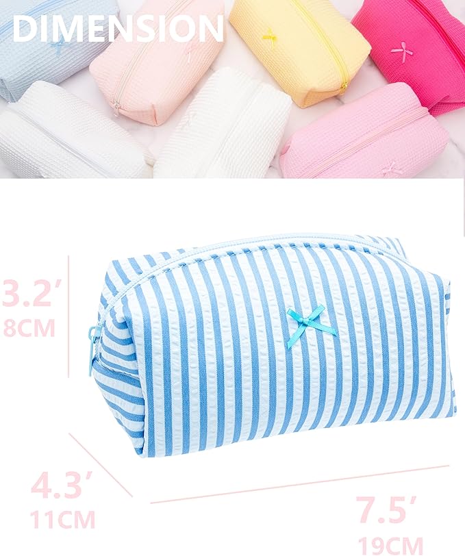 PAZIMIIK 6PCS Cozy Makeup Bag Small Aesthetic Travel Zipper Cosmetic Pouch for Women Make Up Beauty Accessories Brushes, Stripe Lake Blue