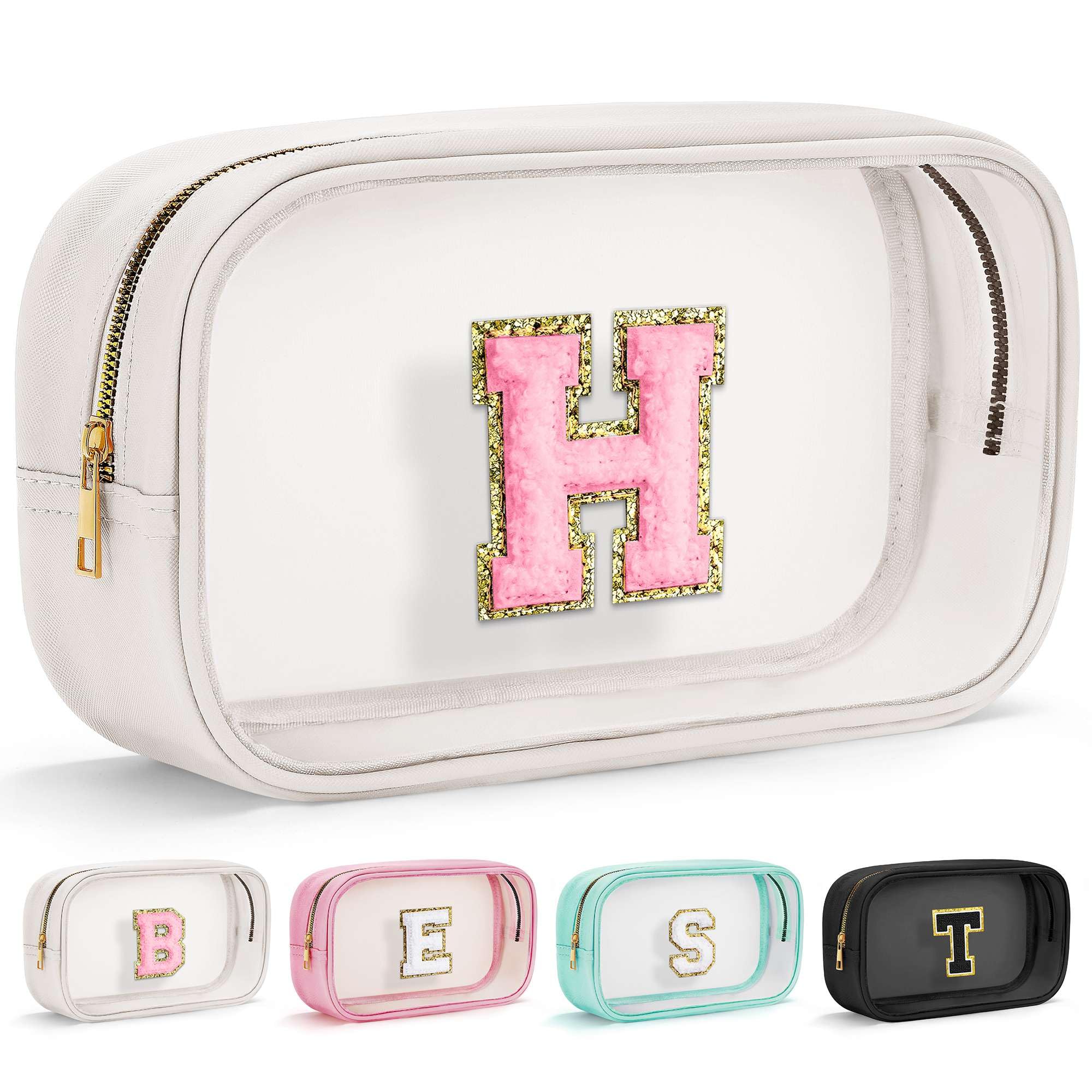 YOOLIFE Initial Make Up Bag Travel Toiletry Bag, Clear Makeup Bag Preppy Cosmetic Bag Travel Essentials Gifts for Women Teen Girlfriend Teacher Mom Birthday Daughter Gifts Swim Gifts For Girls White H