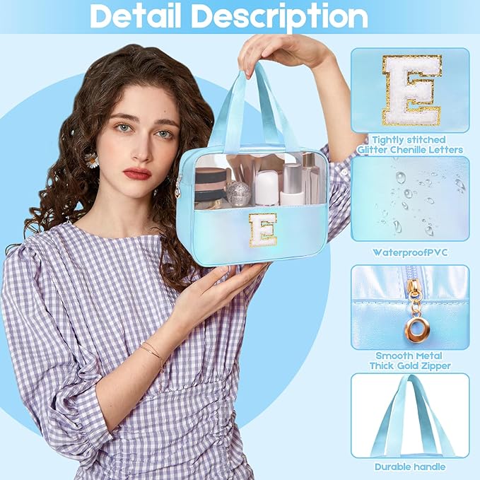 Junesters Personalized Initial K Clear Blue Makeup Bag - Large Travel Toiletry Bag, Cute Cosmetic Organizer Set for Girlfriend, Teacher, Teen Girl Gifts