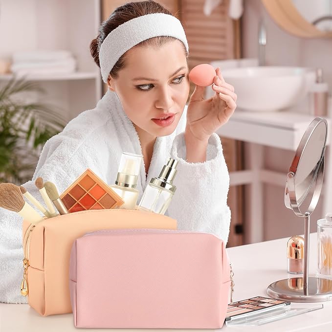 Sanwuta 9 Pcs Makeup Bags Bulk Bridesmaid Proposal Gifts Cosmetic Bags Preppy PU Leather Double Zipper Toiletry Pouch Portable Travel Organizer Case for Women Bachelorette Gift(Pink Brown Series)