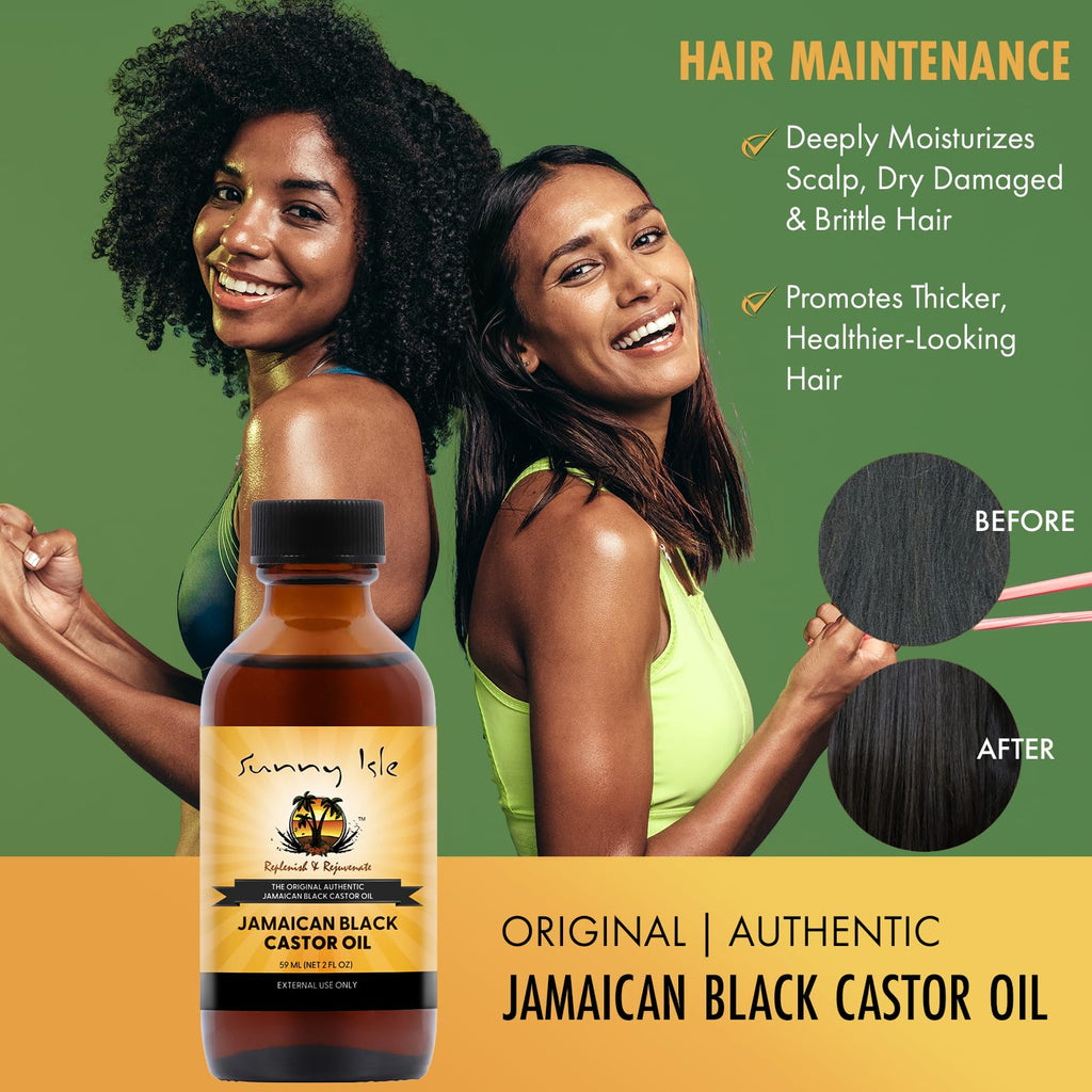 Sunny Isle Jamaican Black Castor Oil 2oz, Original Authentic Moisturizing JBCO for Hair Growth, Scalp Care, Edges, Eyebrows & Eyelashes, Conditioning for Dry Skin, Unscented