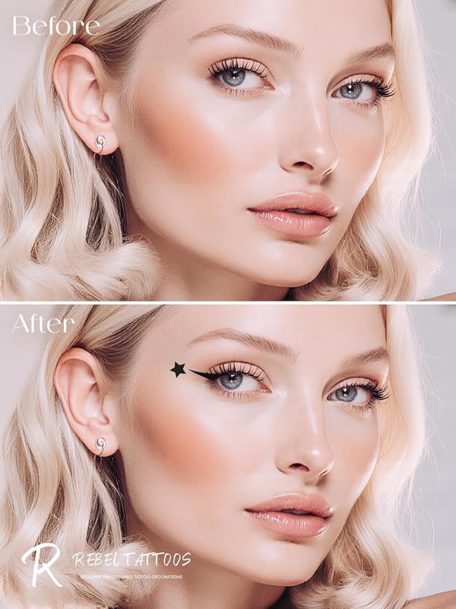 Rebel Tattoos 2-in-1 Eyeliner Stamp, Pigmented Intense Black Formula, Smudge-Budge Proof, Sweatproof, 24 Hour Stay Eyeliner Stamp Star Butterfly or Heart (Black Star)
