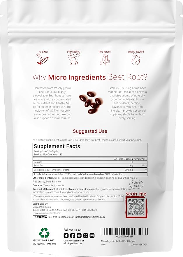 Micro Ingredients Beet Root Extract, 360 Softgels with MCT Oil | Natural Beet Root Source | Beetroot Supplements | Non-GMO