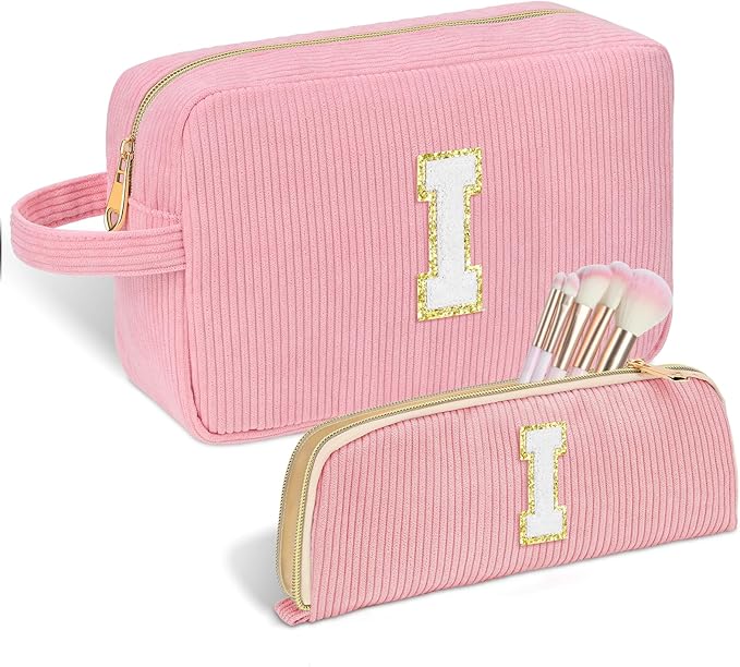 Sernaxi Personalized Initial Makeup Bag Trendy Stuff Corduroy Cosmetic Bag Travel Toiletry Bag, Valentine’s Day Gift Makeup Organizer Case & Makeup Pouch for Women teen Girls Mom Girlfriend Wife