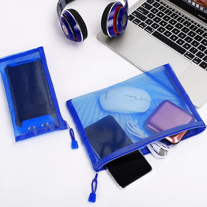 Sinzip 12 Pieces Zipper Nylon Mesh Pouch, Mesh Cosmetic Bags Makeup Bags Pencil Case, Multipurpose Travel Bags for Cosmetic School Office Supplies and Travel Accessories (Blue, A5) (WB06)