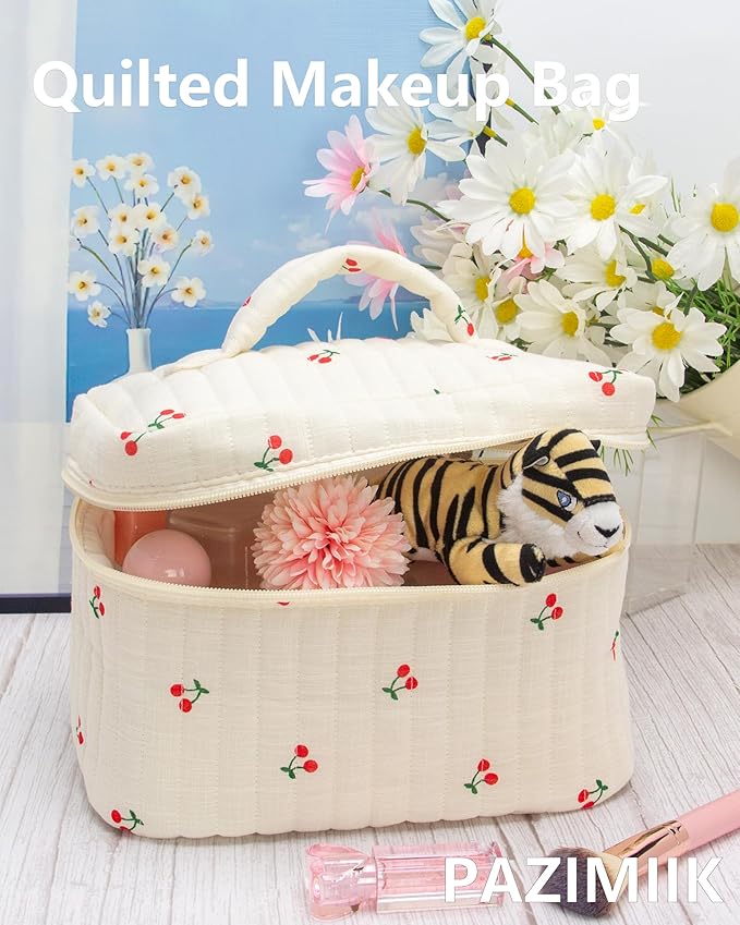 Quilted Makeup Bag for Women, Travel Cosmetic&Toiletry Bag,Cherry Beige