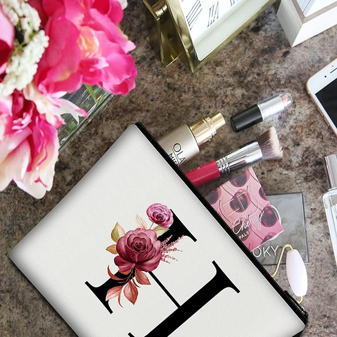 Vavabox A-Z Personalized Makeup Bag, Birthday Gifts for Women Mom, Gifts for Best Friend, Bride Bridesmaid Cosmetic bag (H, 01-White)