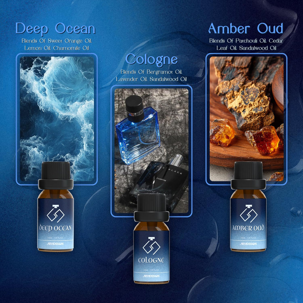 ARVIDSSON Cologne Fragrance Oils Set, Essential Oils for Diffuser | Deep Ocean, Cologne, Amber Oud, Tobacco Vanilla, Man Cave, Midnight Musk, Diffuser Oil Scents for Candle Making, Soap Making