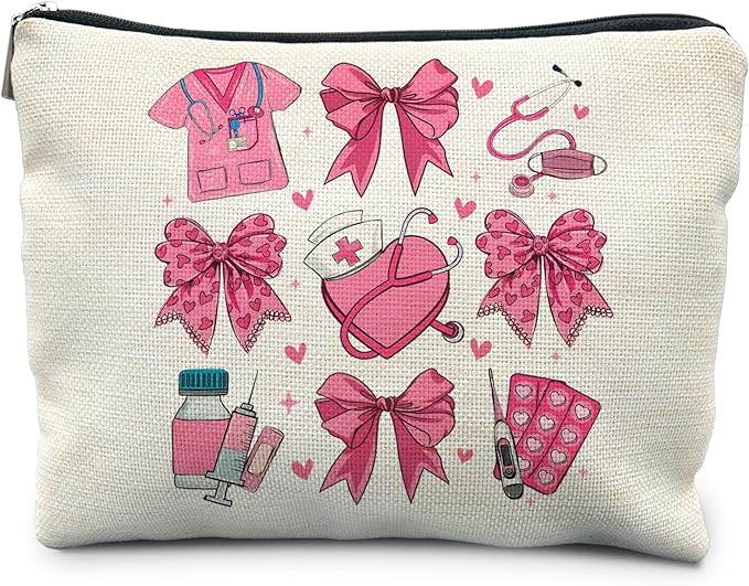 RYYCDOI Coquette Pink Bow Nurse Makeup Bag, Nurse Gifts for Women Cosmetic Bags, Nurse Week Gifts Makeup Pouch, Nurse Appreciation Gifts Zipper Pouch