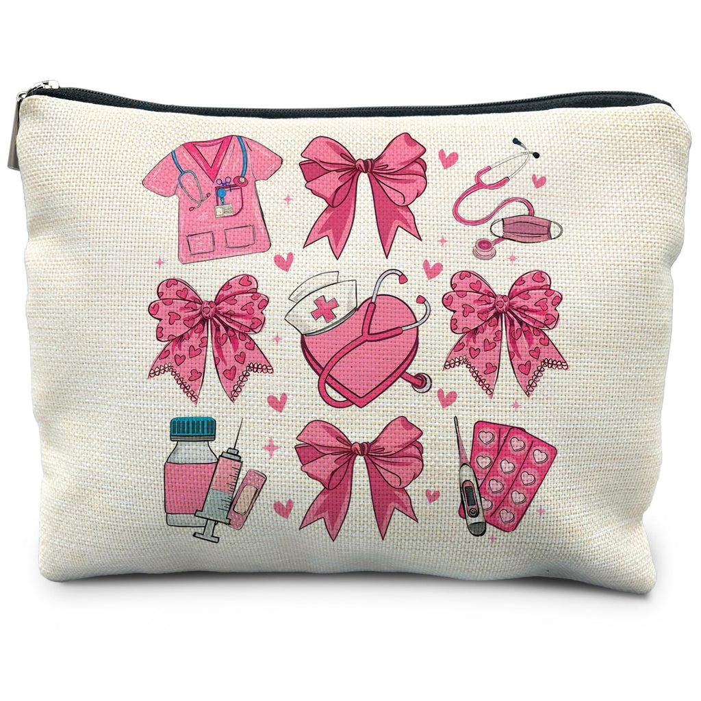 RYYCDOI Coquette Pink Bow Nurse Makeup Bag, Nurse Gifts for Women Cosmetic Bags, Nurse Week Gifts Makeup Pouch, Nurse Appreciation Gifts Zipper Pouch