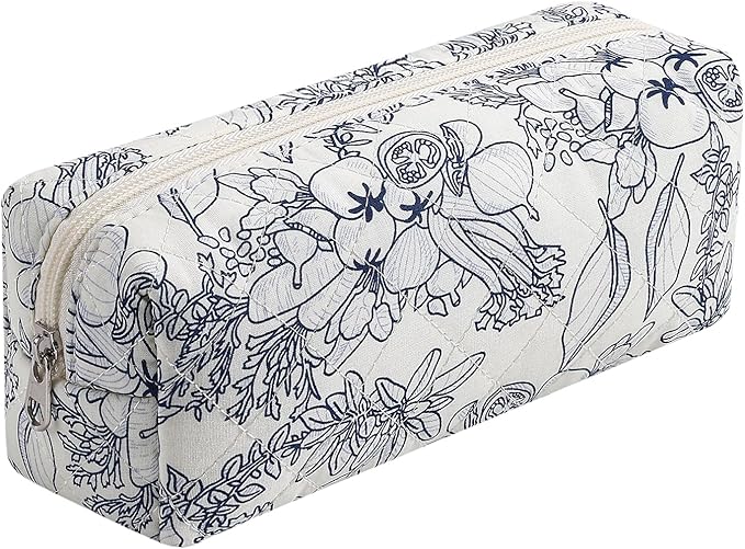 HHQQWZ Cute Floral Cotton Makeup Brush Cosmetic Bag for Women, Travel Quilted Zipper Make Up Bag, Flowers Toiletry Organizer Case Kawaii Makeup Cosmetic Travel Cloth Pouch (Navy Blue Flower)