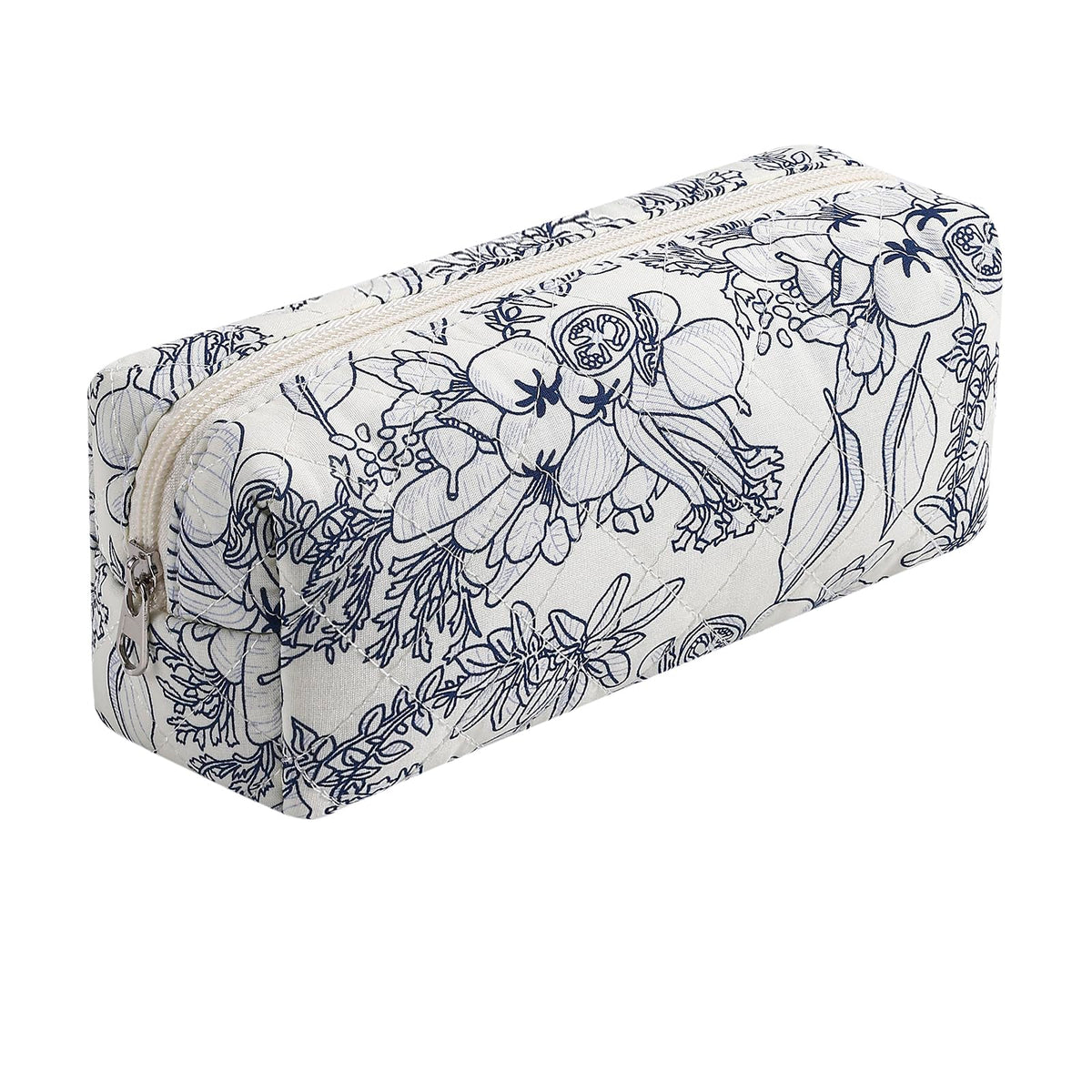 HHQQWZ Cute Floral Cotton Makeup Brush Cosmetic Bag for Women, Travel Quilted Zipper Make Up Bag, Flowers Toiletry Organizer Case Kawaii Makeup Cosmetic Travel Cloth Pouch (Navy Blue Flower)