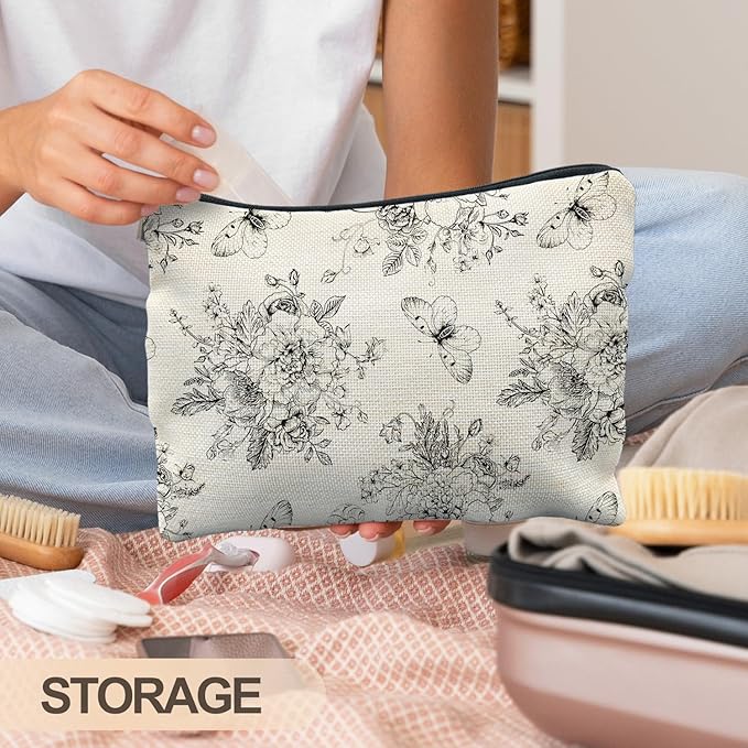 RYYCDOI Vintage Boho Floral Butterfly Makeup Bag, Chinoiserie Black and White Cosmetic Bags for Women, Cottagecore Botanical Butterfly Zipper Makeup Pouch