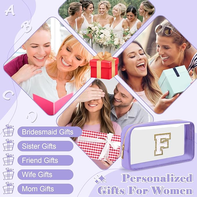 UIXIZQ Personalized Initial Letter Clear Makeup Bag,Preppy Small Nylon&PVC Cosmetic Zipper Bag with Chenille Letter,Travel Skincare Toiletry Bag,Monogram Christmas Gift for Teen Girls Women,F