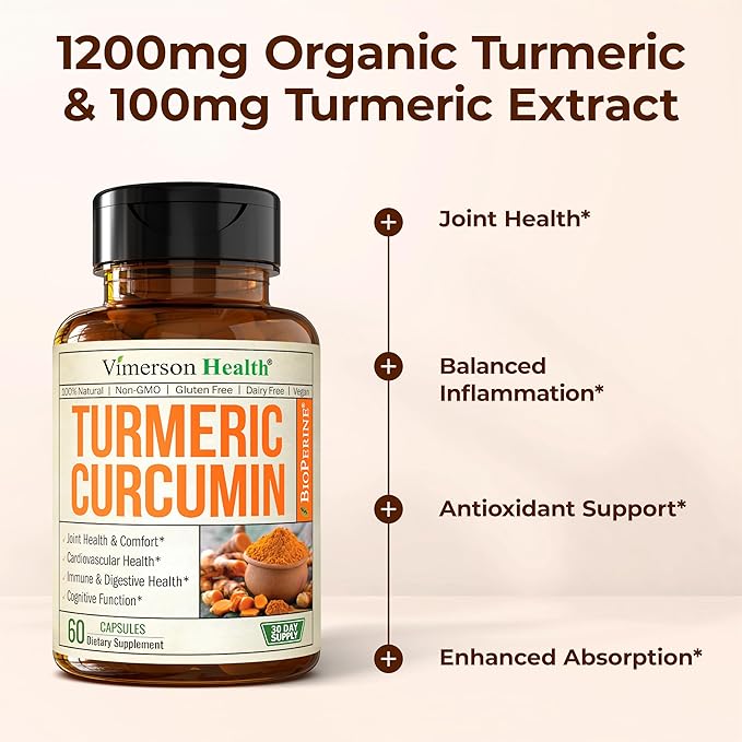 Turmeric Curcumin Supplement – 1200mg Organic Turmeric Curcumin with Black Pepper Extract for Max Absorption – Digestive & Joint Supplements for Men & Women w. Tumeric Extract & Bioperine – 60 Caps