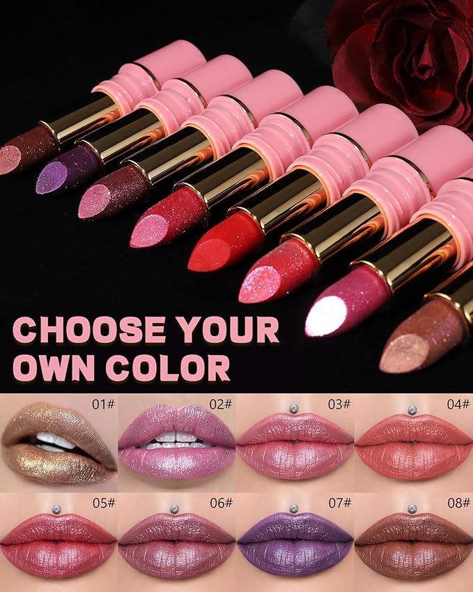 Glitter Metallic Brown Shimmer Lipstick Long Lasting, Glitter Diamond Shine Nude Red Lipstick Transfer Proof Non-Stick Lip Gloss Shimmer Highly Pigmented Full Coverage Lip Makeup for Women-08