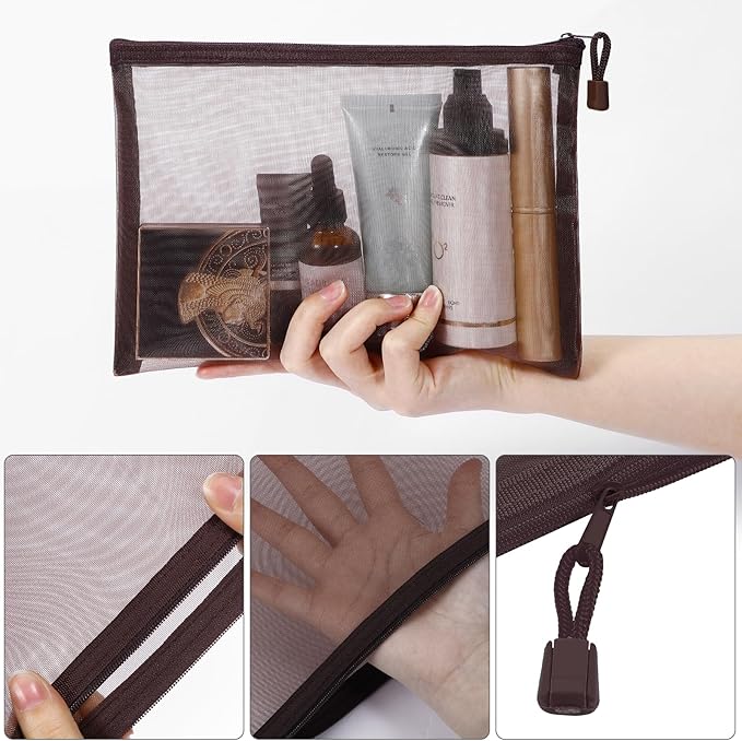 Sinzip 12 Pieces Zipper Nylon Mesh Pouch, Mesh Cosmetic Bags Makeup Bags Pencil Case, Multipurpose Travel Bags for Cosmetic School Office Supplies and Travel Accessories (Coffee, A5)