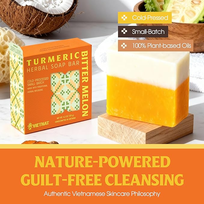 VIETNAT Bitter Melon & Turmeric Natural Bar Soap - 2-in-1 Luxurious Handmade Cold Process Soap Bar for Women's or Men's Body Wash - Refreshing Cleanse for Sweat, Oil & Buildup, 4.2 oz (120g)