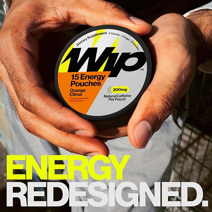 Wip Energy Pouches, Sugar Free Blend with 200 MG Natural Caffeine, B Vitamins, Minerals & L Theanine for Energy Support, Pre Workout for Active Lifestyles, Orange Citrus, 3 Cans, 15 Pouches Each