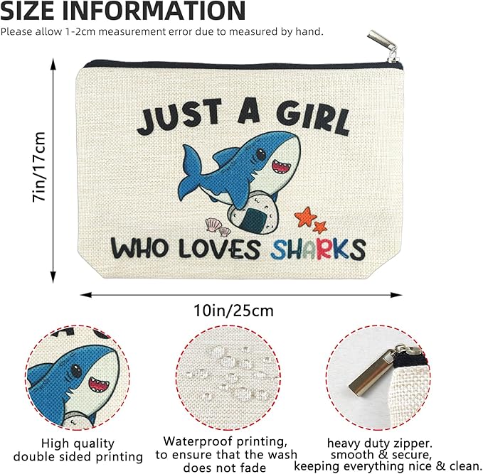 Suemetic Shark Gifts for Women Makeup Bag, Cute Shark Themed Gifts for Shark Lovers Girls Kids Accessories, Just A Girl Who Loves Sharks Cosmetic Stuff Pouch, Birthday Christmas Decorations