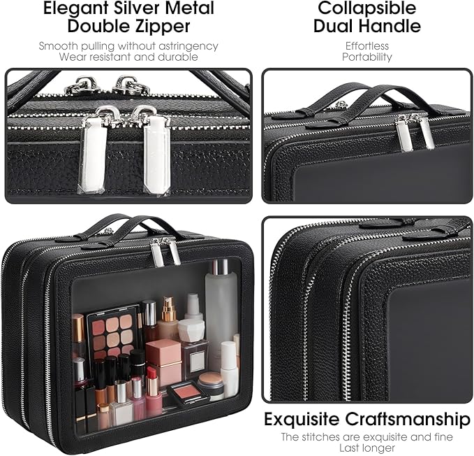 idoltimes Clear Makeup Bag,Large Toiletry Case for Women,PU Leather Travel Cosmetic Bag,Detachable Makeup Case,Double Compartment Make up Organizer