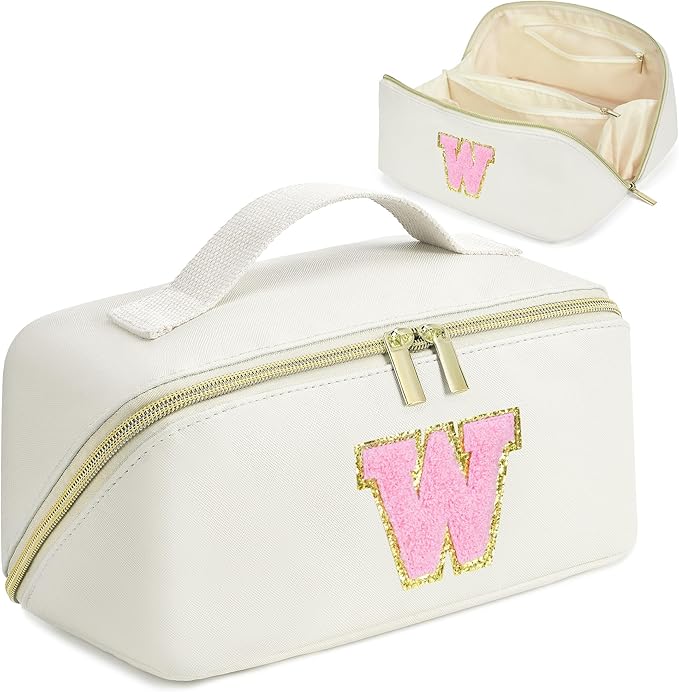 for Valentines Day Gifts, Makeup Bag for Women, PU Leather Travel Toiletry Bags, Initial Make Up Cosmetic Pouch for Teen Girls, Wide Open Portable Skincare Bag, Personalized Birthday Gifts, White W