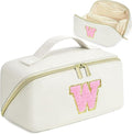 for Valentines Day Gifts, Makeup Bag for Women, PU Leather Travel Toiletry Bags, Initial Make Up Cosmetic Pouch for Teen Girls, Wide Open Portable Skincare Bag, Personalized Birthday Gifts, White W