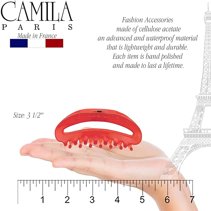 Camila Paris CP2547 French Hair Clips for Women, 3.5" Red Large Claw Clip Strong Hold All Day, No Damage No Slip Claw Clips for Thick Curly Wavy Fine Straight Hair, Jaw Clip Made in France