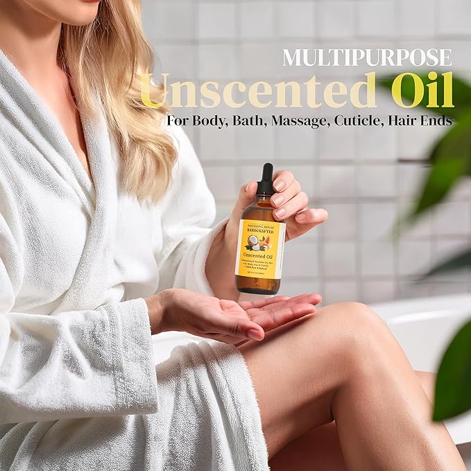 Soothing House Almond Coconut Unscented Moisturizing Body Oil with Fractionated Coconut Oil, Vitamin E, Radiant Looking Glow and Skin Hydration, Instant Absorption, Body, After-Shower oil, 4 Ounces