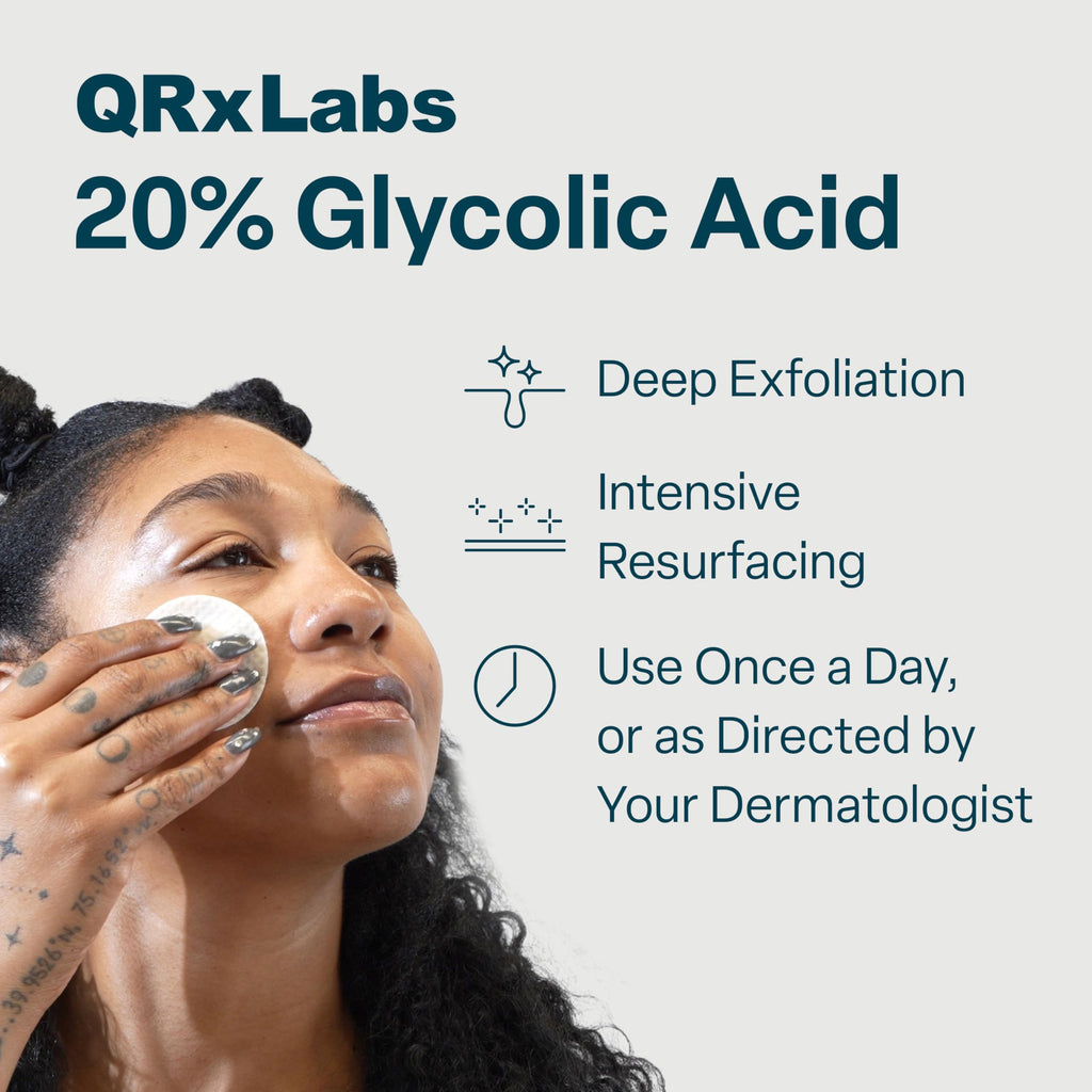 QRxLabs Glycolic Acid Pads - 20% Resurfacing Pads AHA for Face & Body - Exfoliates Skin Surface and Reduces Appearance of Fine Lines and Wrinkles - Acne Treatment Clearing - Daily Pads - 50ct