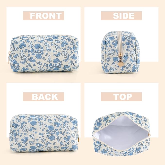 UUYUUY Makeup Bag Travel Toiletry Bag for Women, Small Cosmetic Bags Cute Quilted Cotton Makeup Pouch for Purse Emergency Bag Pencil Case Accessory Bag, Blue