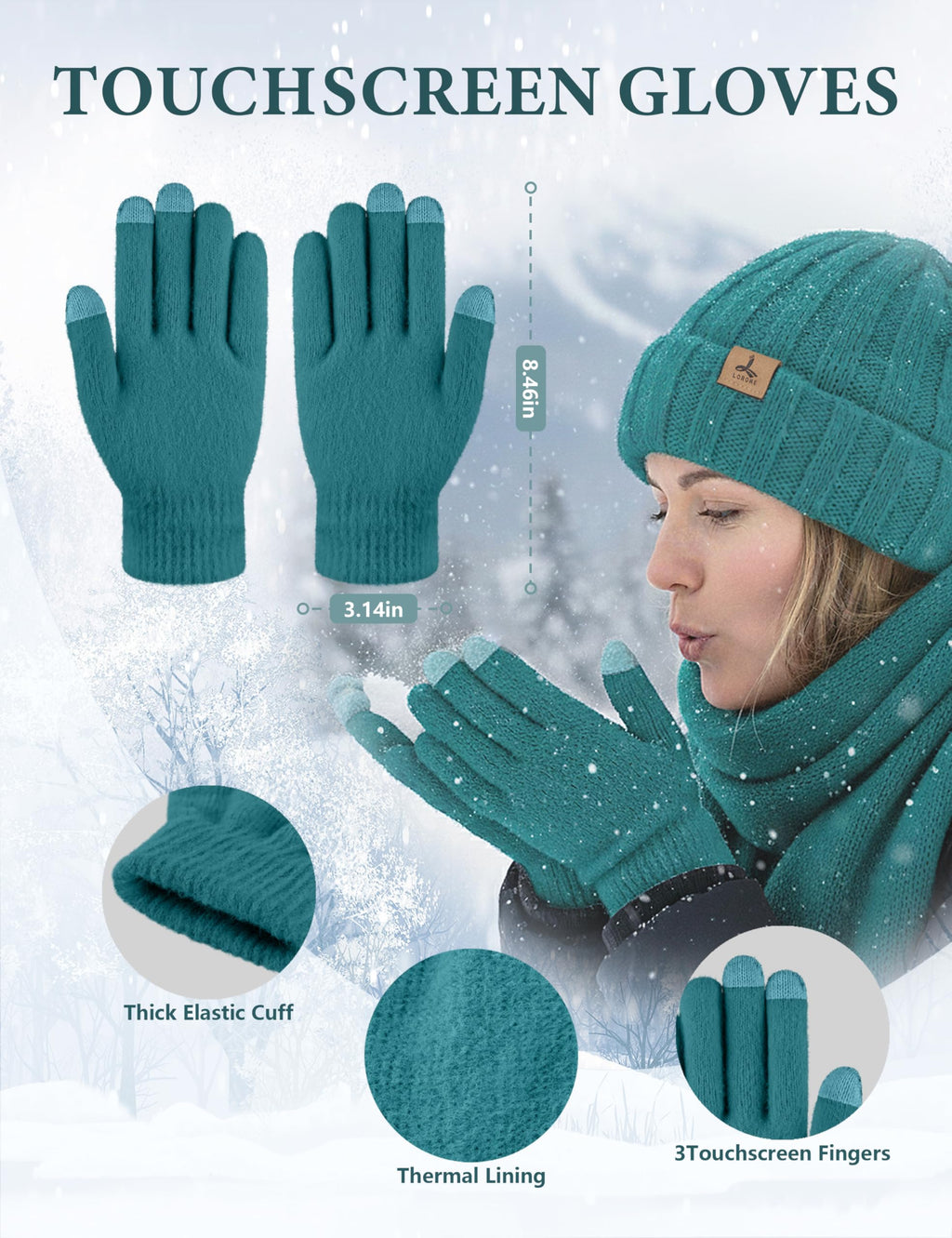 LOROME Winter Beanie Hat Gloves Scarf, Cashmere Hat Gloves Scarf Set Women
