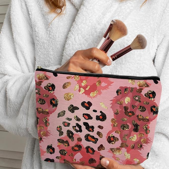 SAFDSGFDB Gold and Pink Leopard Print Makeup Bag, Preppy Girly Cosmetic Bags Gifts for Women, Funky Y2k Cheetah Print Portable Travel Toiletry Bag Zipper Makeup Pouch