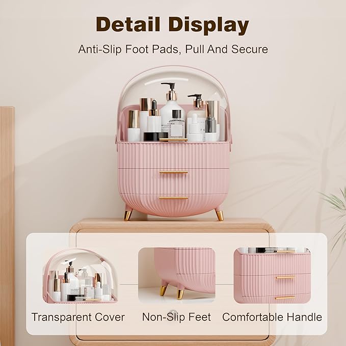 lurcns Vanity Organizer with Lid and Drawers, Beauty Skin Care Storage for Countertop, Birthday Gift for Teen Girls, 10 11 12 13 14 15 16 17 18 Year Old Girl Gifts, Pink Makeup Holder for Dresser