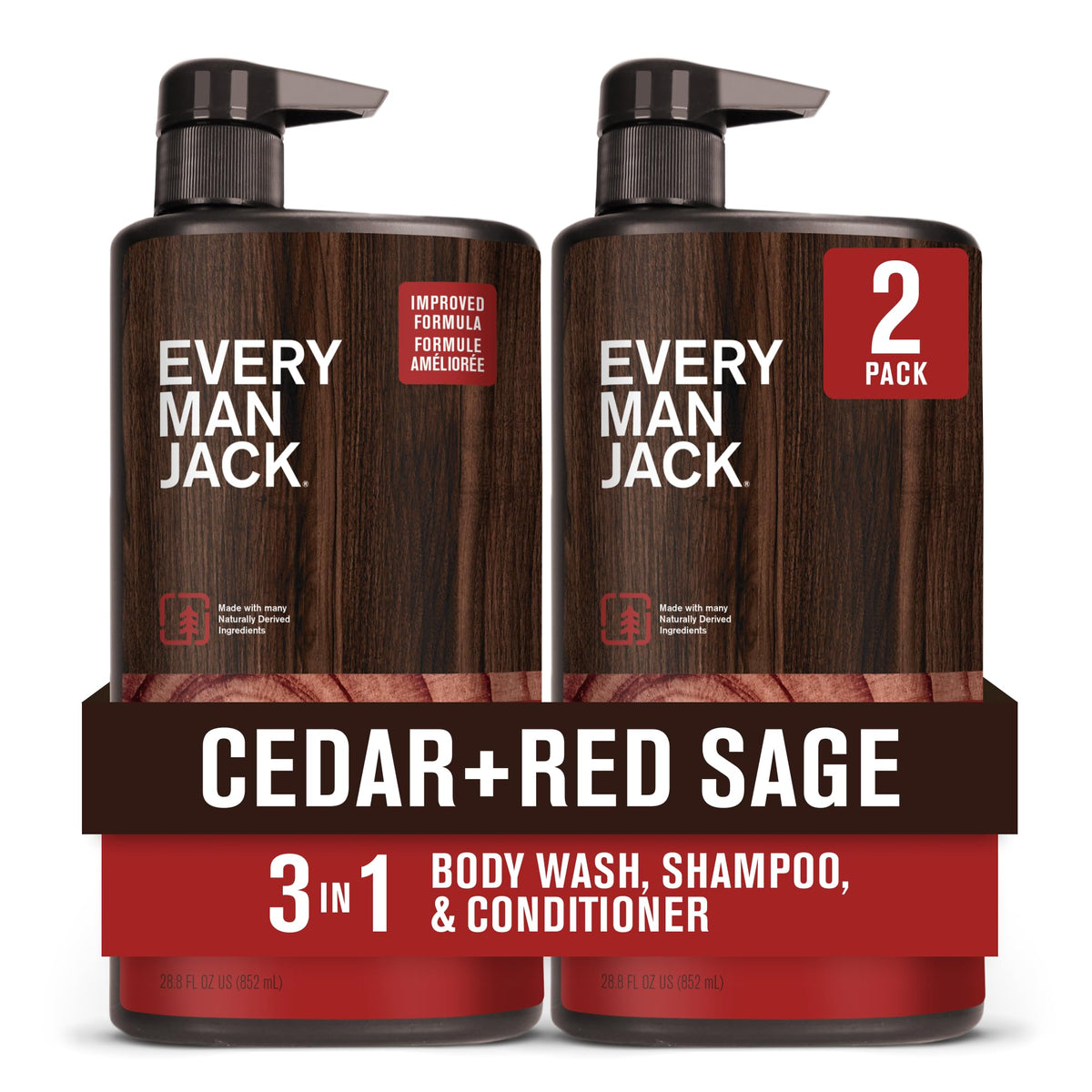 Every Man Jack 3-in-1 All Over Body Wash for Men, Amber Sandalwood, 2pk