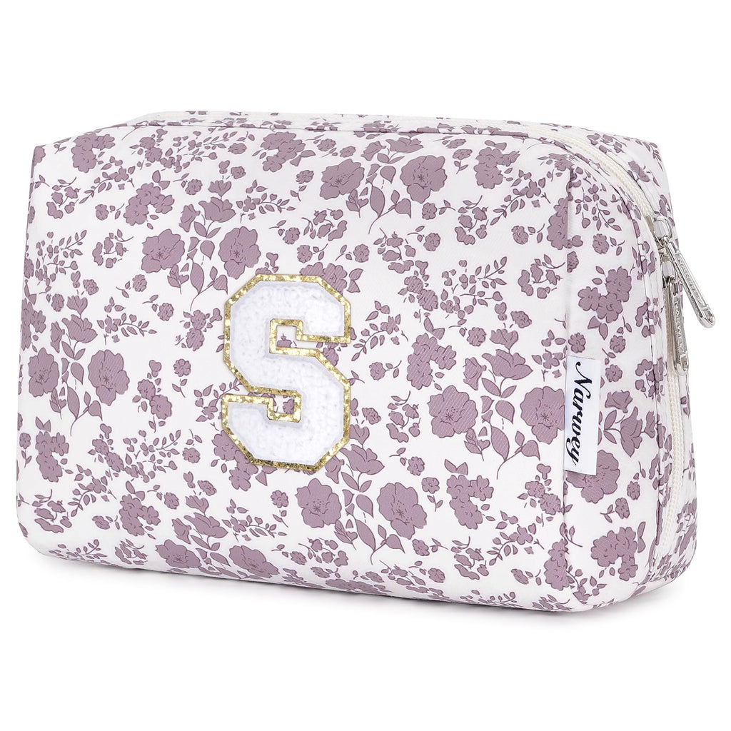 Narwey Birthday Gifts for Teen Girls Kids Women Personalized Initial Floral Makeup Bag Cute Cosmetic Trendy Stuff 6 8 10 11 12 13 14 16 18 Years Old Travel Toiletry Bag (Little Dusty Pink Flower S)