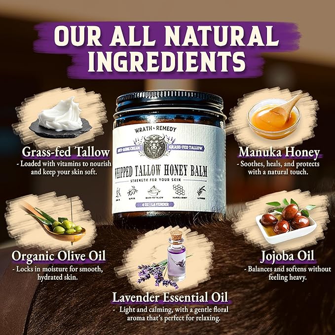 Organic Beef Tallow & Honey Balm for Skin - Concentrated, Lavender (2 OZ)