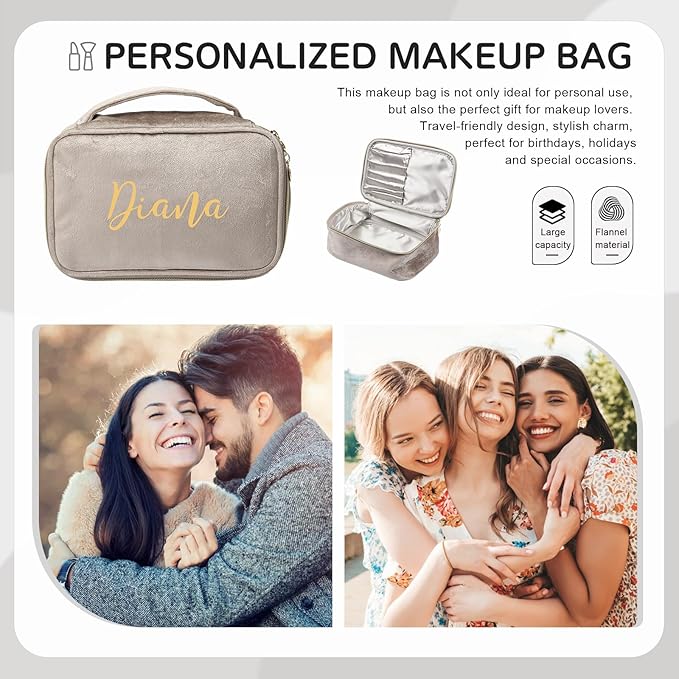 Dreamgem Personalized Name Makeup Bags - Monogrammed Gift for Women Girls Cosmetic Bag with Zipper Gift Ideal for Teen Girls Women Birthday Friend Mom (Khaki)