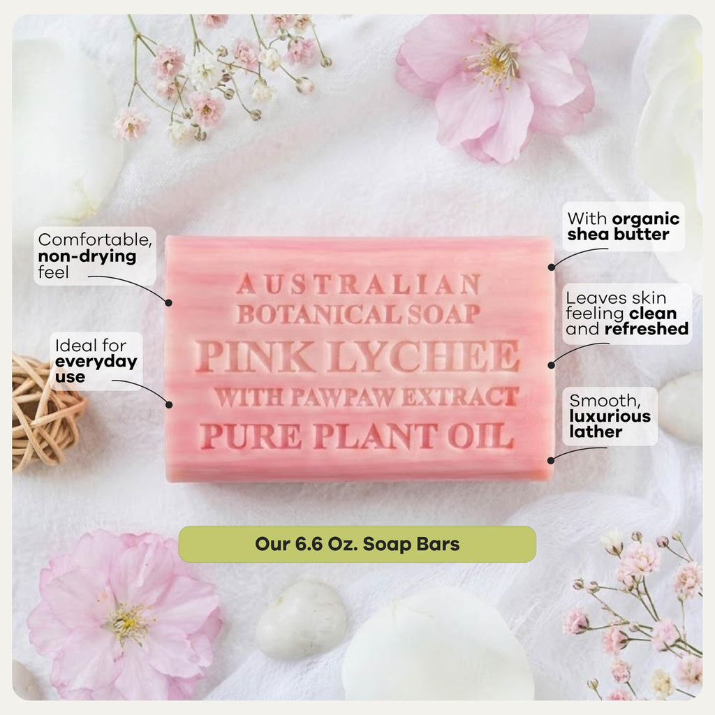 Australian Botanical Soap, 6.6 OZ, Pink Lychee and Pawpaw Extract, Triple Milled Bars made with a Natural Soap Base and Enriched with Organic Shea Butter, Pack of 8