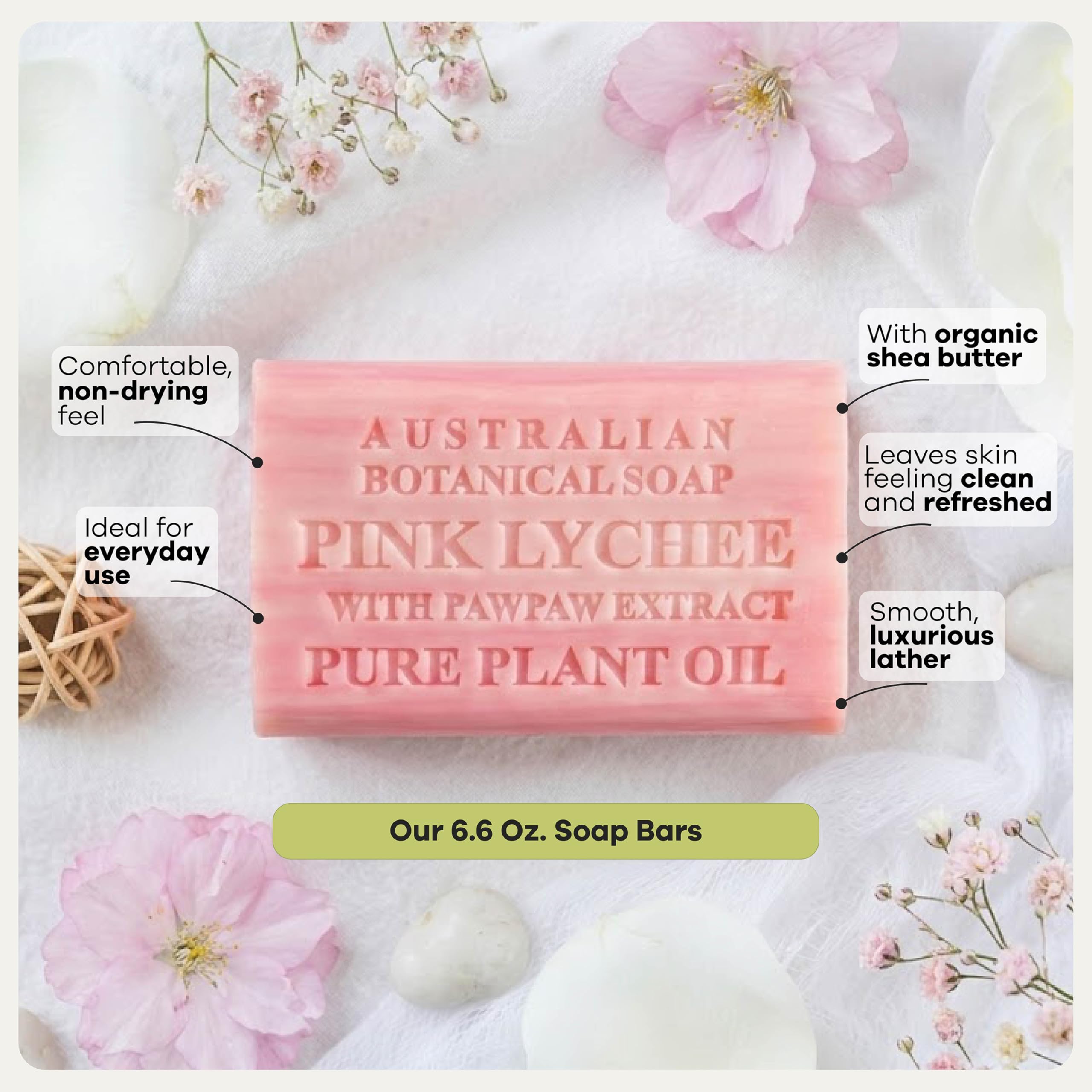 Australian Botanical Soap, 6.6 OZ, Pink Lychee and Pawpaw Extract, Triple Milled Bars made with a Natural Soap Base and Enriched with Organic Shea Butter, Pack of 8