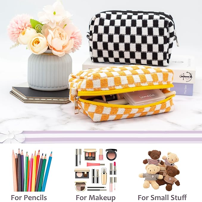 Checkered Makeup Bag for Purse, Small Travel Cosmetic Pouch,Orange,2 Pack