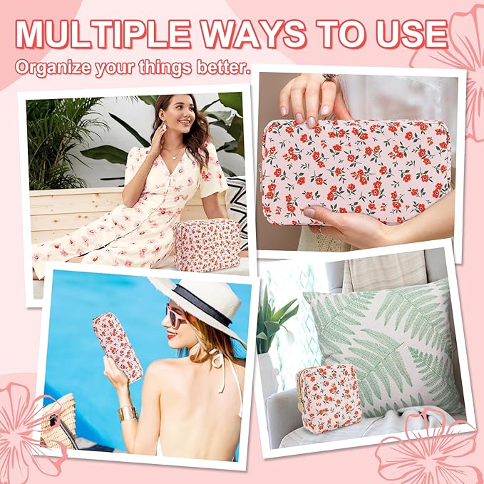 UIXIZQ Waterproof Large Floral Makeup Pouch,Nylon Travel Toiletry Storage Purse Preppy Cosmetic Bag for Women Girl,Large Capacity Makeup Organizer Zipper Pouch for Work(L Pink-Flowers)