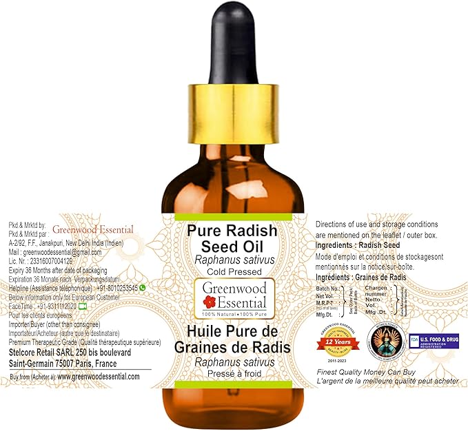 Greenwood Essential Radish Seed (Raphanus sativus) with Glass Dropper | Cold Pressed | Natural | Undiluted | For Diluting Essential Oils | For Skin & Massage | Men & Women | 100ml (3.38 oz)